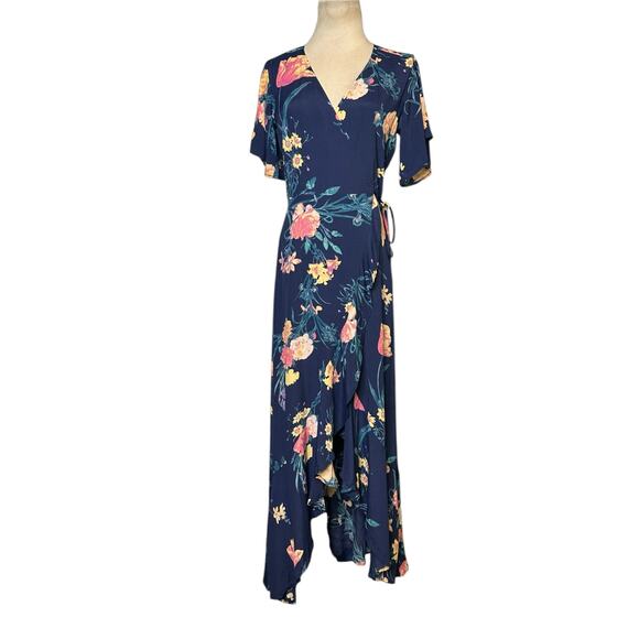 Leith blue floral short sleeves true wrap hi low dress size XS - Picture 15 of 16